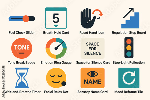 Mindfulness tools: emotional regulation icons and breathing aids for stress relief