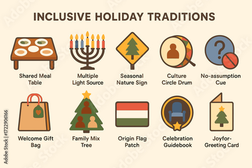 Inclusive holiday traditions icons with multicultural and diverse symbols