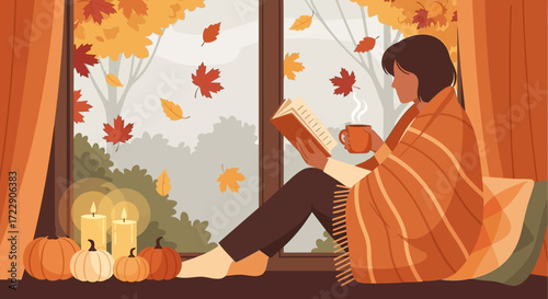 Cozy Autumn Reading - Woman Wrapped in Blanket with Book and Hot Drink.
