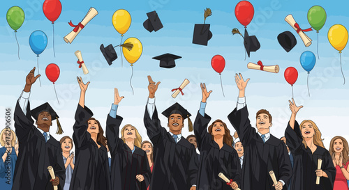 Diverse Group of Graduates Celebrating Tossing Caps and Diplomas.