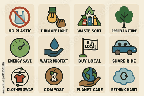 Illustrated icons promoting eco-friendly habits and environmental awareness