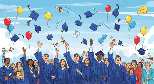 Diverse group of happy graduates celebrating their academic achievement.