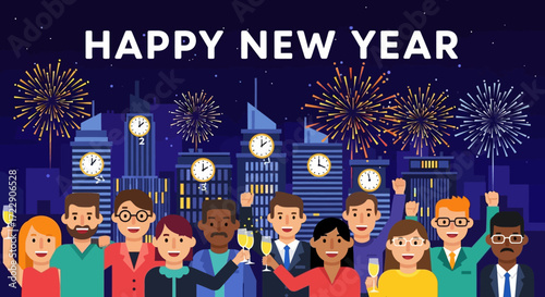 Diverse group of people celebrating New Year with champagne glasses.