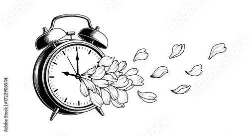 Monochrome rendering of an alarm clock with delicate petal accents time slipping away
