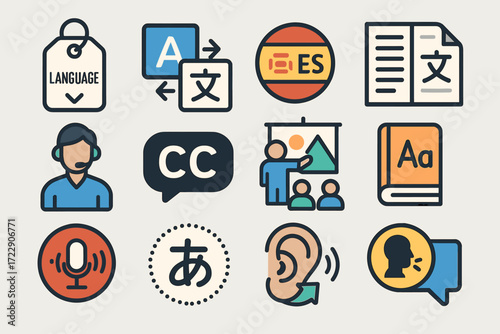 Language and communication icons: translation, audio, and cultural symbols