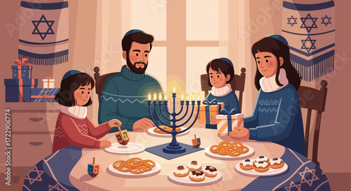 Family Celebrating Hanukkah Together at the Dinner Table with Food and Gifts.