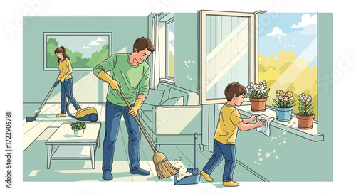 Family cleaning the house together, teamwork and cooperation.