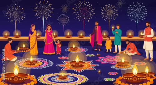 Family celebrating Diwali festival with diyas.