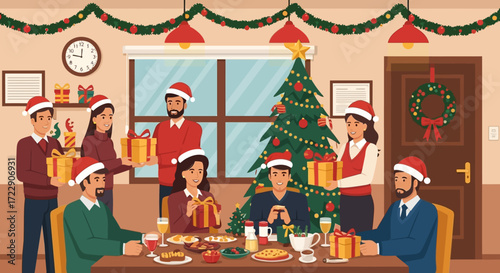 Group of friends and family celebrating Christmas dinner together.