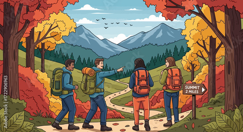 Group of hikers exploring mountain trail.