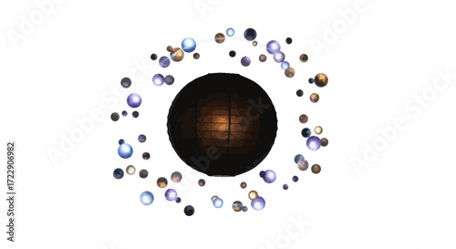 Orbital sphere surrounded by shimmering orbs evokes mystery and cosmic energy