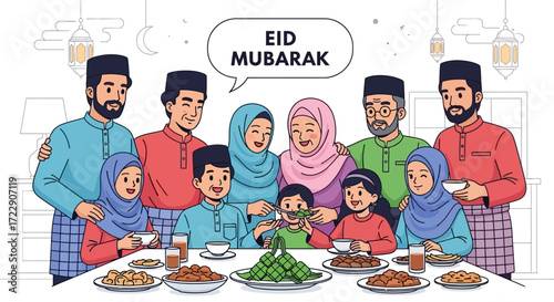 Muslim family celebrating Eid Mubarak together.