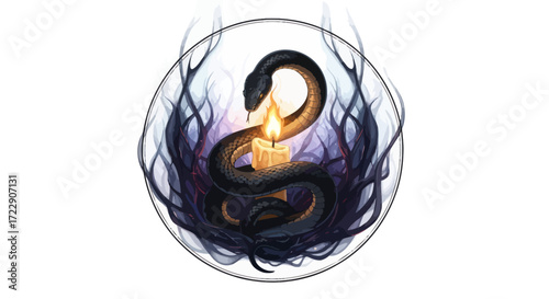 Serpentine guardian encircling a flickering candle flame in a stylized artistic rendering