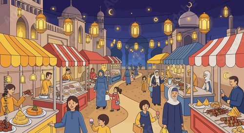 Vibrant Ramadan Night Market Scene with People and Festive Decorations.