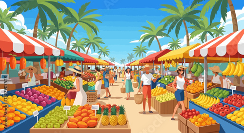 Vibrant outdoor market with fresh fruits and vegetables.