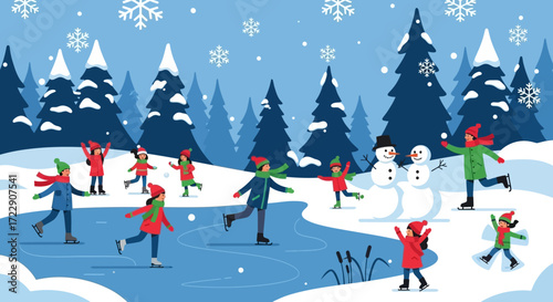 Winter Fun - Children Ice Skating and Building Snowmen in Snowy Landscape.