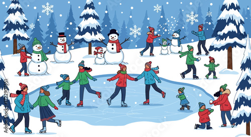 Winter ice skating fun with people and snowmen.