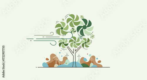 Stylized illustration showcasing renewable energy through a wind turbine tree in nature