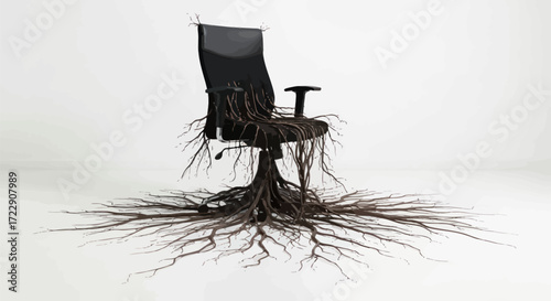 Surreal Office Chair with Root System: A Symbolic Representation of Entrenched Work