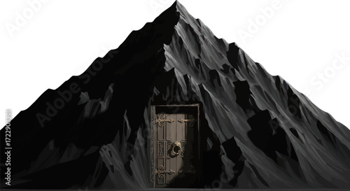 The mysterious ancient door embedded within the monolithic mountain formation evoking a sense of
