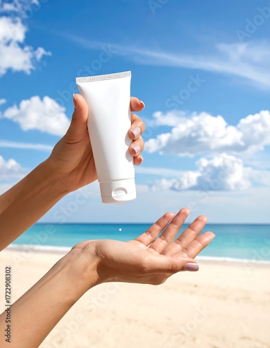 Hands applying sunscreen on beach (1)