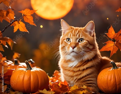 A majestic orange tabby cat rests among pumpkins and autumn leaves under a glowing harvest moon, capturing the warm spirit of Halloween night. Concept of Halloween. CG Artwork Background