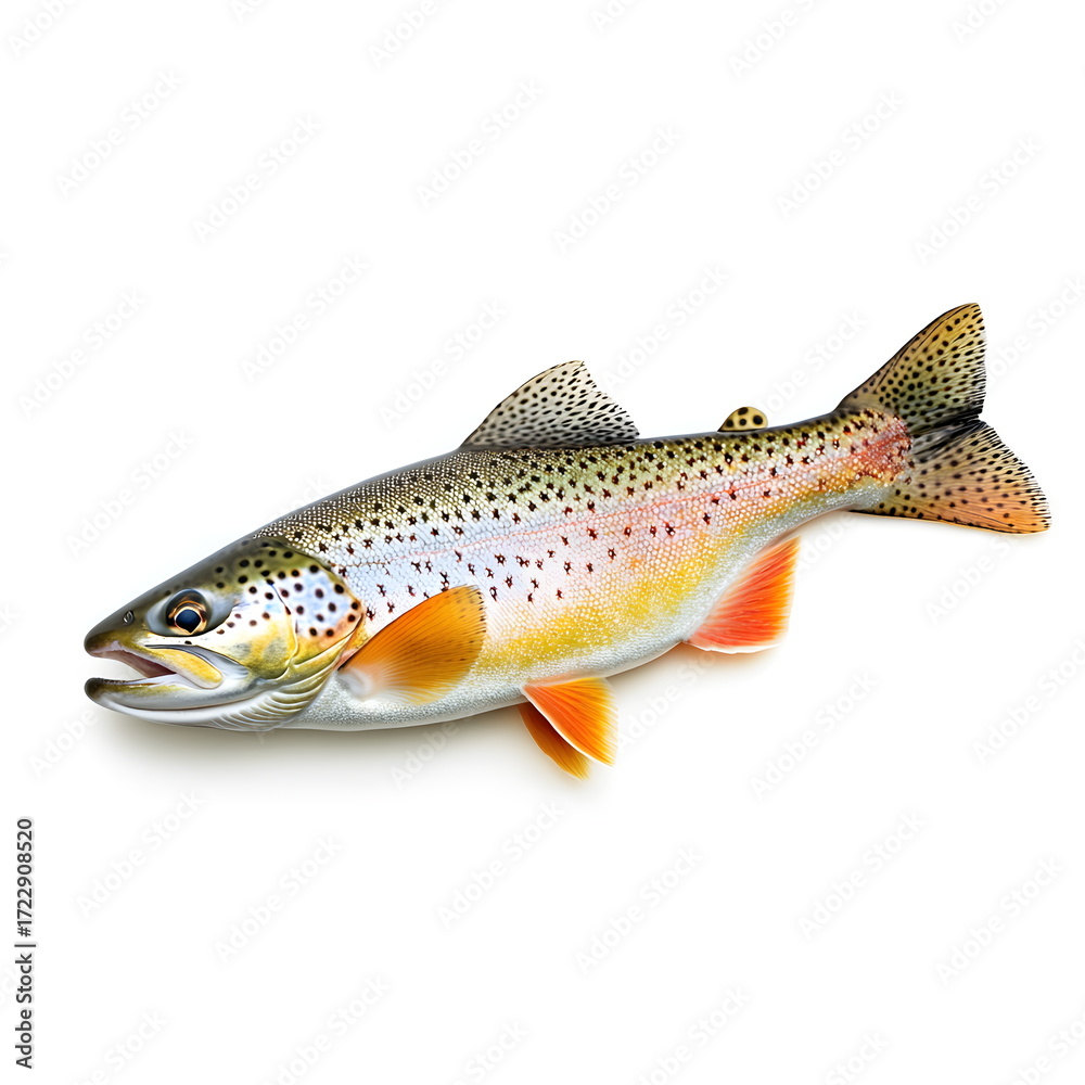 Fototapeta premium Realistic portrait of a trout fish, side view full body isolated on white background, colorful speckled spots, vibrant fins, highly detailed, high resolution, dynamic lighting, soft shadows, clean.