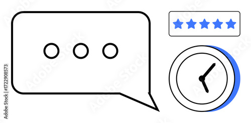 Speech bubble, clock, and five-star rating emphasize effective communication, punctuality, customer reviews, and performance evaluation. Ideal for service quality, productivity, feedback