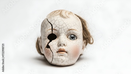 Vintage porcelain doll head, heavily cracked and broken with one eye missing, evoking a sense of horror, isolated on a clean white background