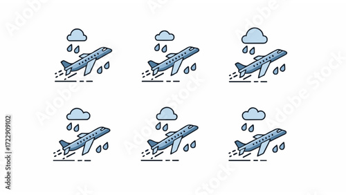 A set of isolated airplane icons illustrating flight challenges and travel disruptions due to rainy weather and storms