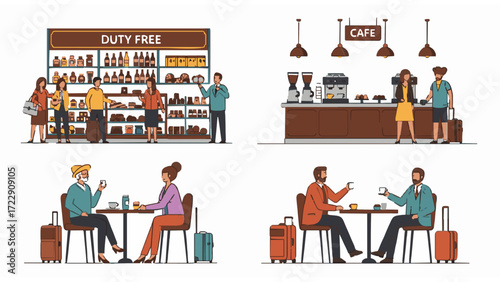 Airport Scenarios Duty-Free Shopping, Cafe, and Passengers Waiting