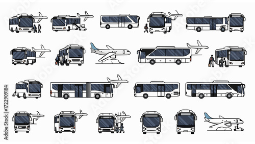 Collection of Bus and Airplane Illustrations for Transportation and Travel Concepts