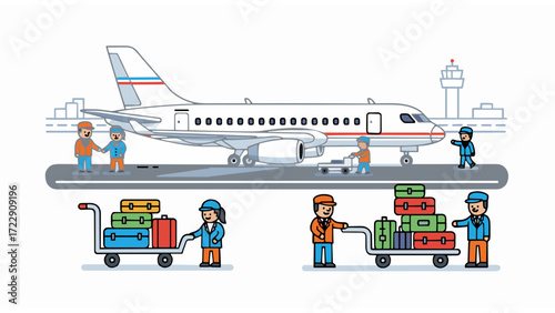 Airport ground crew with luggage carts loading passenger baggage onto an airplane on the tarmac. Air travel and transportation logistics concept