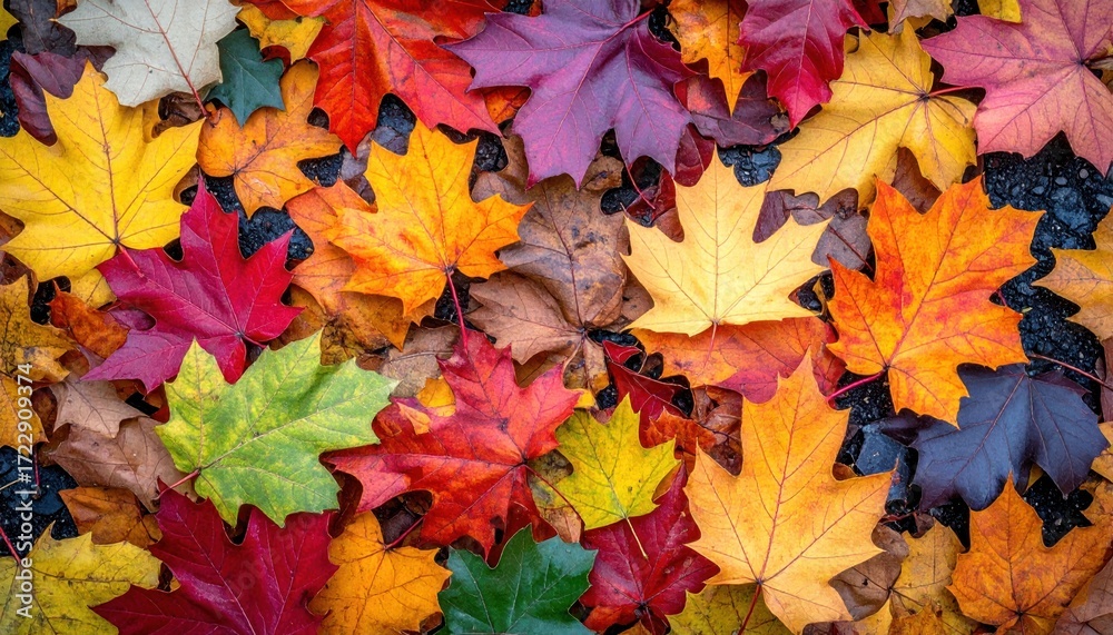 Obraz premium A vibrant tapestry of fallen maple leaves in autumnal hues, densely packed together, displaying a range of colors on a dark background