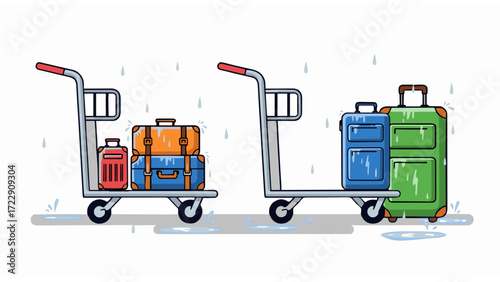 Traveling Luggage Trolleys in the Rain A Colorful Illustration of Travel and Baggage