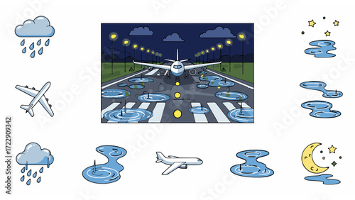 Illustration of an airplane landing on a runway at night with rain and weather icons, concept