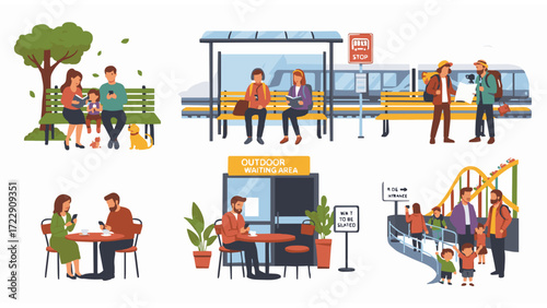 Digital distraction in daily life people engrossed in smartphones at parks, public transport, cafes, and amusement parks, reflecting modern social habits
