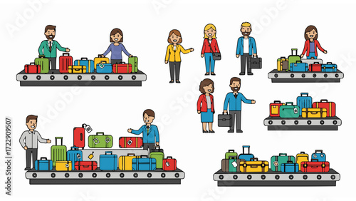 Baggage claim and travel scenes with people and luggage on conveyor belts