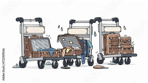 Humorous illustration of overflowing suitcases on airport luggage carts, symbolizing the stress of overpacking for a trip