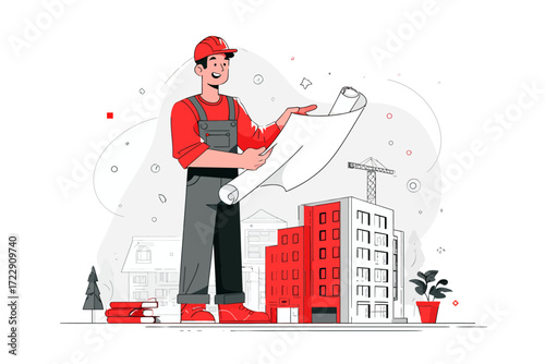 Smiling construction worker reviewing blueprints, planning a new building project.