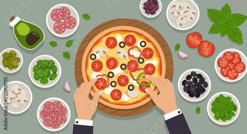 This vibrant flat design illustration showcases hands carefully placing a variety of fresh ingredients onto a pizza base, emphasizing customization and healthy choices. 