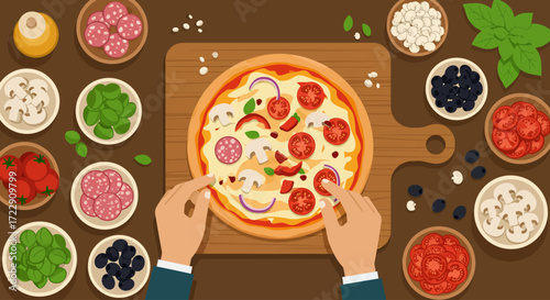 This vibrant flat design illustration showcases hands carefully placing a variety of fresh ingredients onto a pizza base, emphasizing customization and healthy choices. 