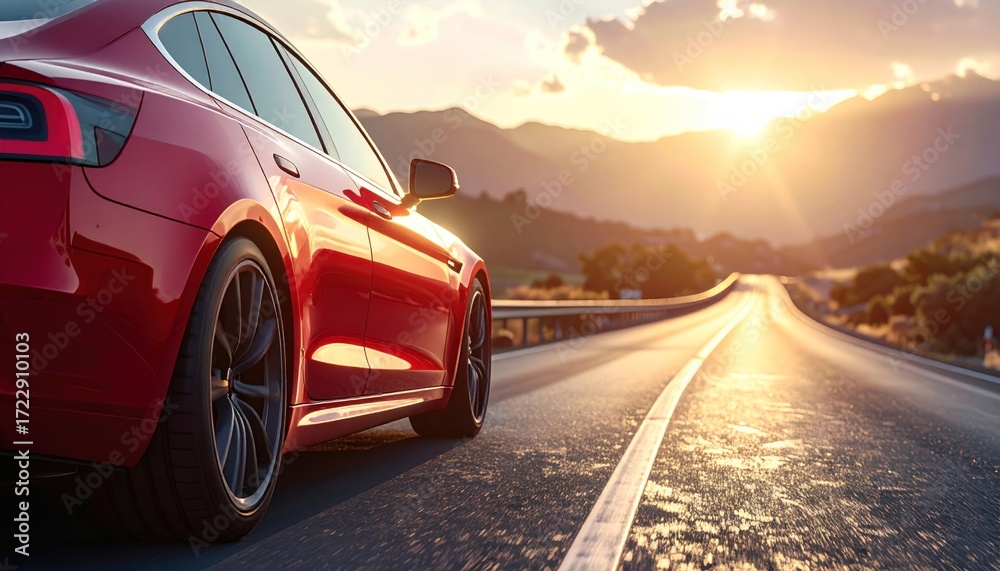 Fototapeta premium Sleek red car races down a long road bathed in sunlight, with mountains in the distance and a clear blue sky
