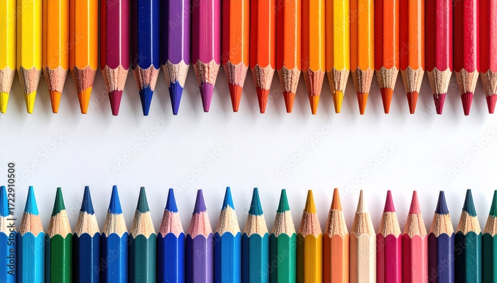 Fototapeta premium Two rows of sharpened colored pencils face each other on white. Hues transition in rainbow order, top and bottom, leaving center space