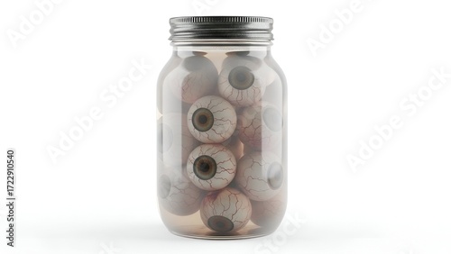 An eerie collection of lifelike eyeballs fills a foggy glass jar, casting a chilling atmosphere on a pristine white backdrop, ideal for horror, medical, or fantasy designs
