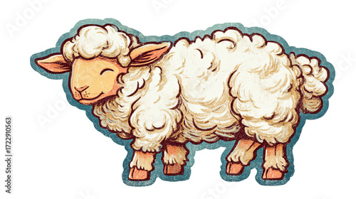 Happy retro vintage fluffy lamb sticker illustration.
