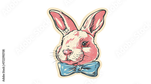 Retro Vintage Rabbit Sticker Illustration with Blue Bow Tie Design