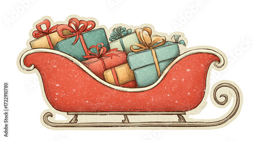 Retro Vintage Red Sleigh Full of Christmas Gifts Sticker Illustration