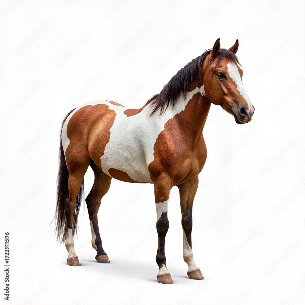 Naklejka premium Brown and white horse standing gracefully on white background 