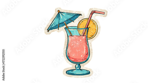 Retro Pink Cocktail Illustration with Orange Slice and Umbrella
